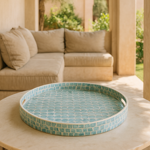 Gran oferta, bandeja de servicio de ratán azul, bandejas naturales hechas a mano con incrustaciones de nácar para desayuno de té y decoración del hogar - Product Image 6