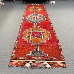 Turkish Vintage Eco-Friendly <b>Wool</b> Rug 3x10.2 ft <b>Red</b> Patchwork with Latex Backing - Product Image 1