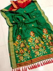 Sari de seda tejida a mano cruda para mujer estilo tradicional con rico Palau Gold Dari Border blusa de contraste liso venta en línea - Product Image 5