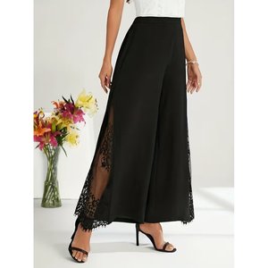 Pantalon en crêpe importé à taille haute pour femme avec bordure en dentelle sur le côté, 36837 - Noir - Product Image 3