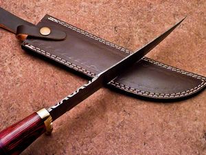 Hunting Knife Damascus Steel Camping Bowie Partially Serrated Edge Hardwood Handle <b>Hand</b>-<b>Casted</b> Brass Bolster 3-Year Warranty - Product Image 3
