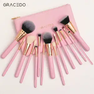 Gracedo Wholesale manufacturer 15pcs Pink Cosmetic Brush wood handle Hair Custom Makeup Brush Set
