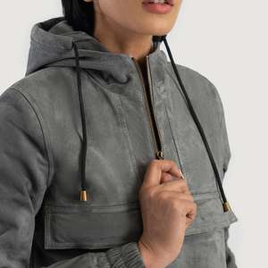 Breathable Grey Hooded <b>Suede</b> Pullover <b>Jacket</b> - Product Image 4