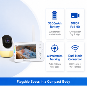 Moniteur vidéo pour bébé avec écran IPS 4,3 pouces, WiFi <span class=keywords><strong>et</strong></span> FHSS double mode, caméra PTZ 1080P avec suivi des piétons, batterie 3500mAh, 22H, fonction VOX - Product Image 1