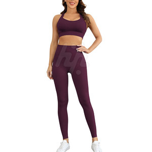 Maroon logotipo personalizado Yoga mujeres Fitness conjunto de entrenamiento sujetador y mallas gimnasio medias Yoga conjunto ropa atlética - Product Image 1
