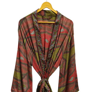 Longueur de cheville Robe en soie Robe multicolore Robe de nuit Robe indienne Vintage soie recyclée Sari Kimono, - Product Image 1