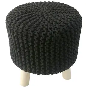 Balkon taman alami & krem bentuk bulat Ottoman/bangku antik bulat kecil macrame pouf dengan kaki kayu untuk dekorasi