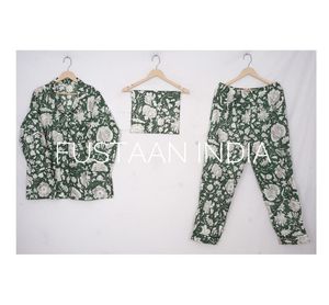 <b>green</b> hand block printed pajama set Jaipur <b>green</b> block print pajamas <b>green</b> floral block print sleepwear - Product Image 1