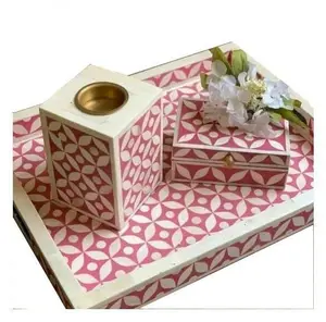 Mop pink colour Handicrafts r Mother of Pearl Inlay Tray Box Incense Burner set Mop MubkhaRamadan Gift Dukhoon Manufacturer