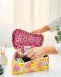 Boîte à maquillage artisanale en coton écologique vintage, résistante à l'eau, avec fermeture éclair, motif floral brun, fabriquée par des artisans de Jaipur