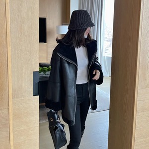 2022 automne hiver femmes haute rue Style mérinos mouton en cuir véritable veste toile pardessus agneau fourrure doublure col haut - Product Image 3