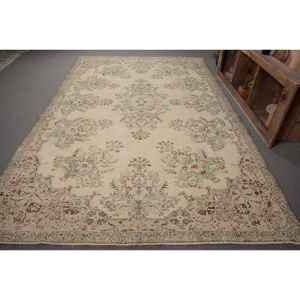 Tapis traditionnel en laine verte beige 7.2x11.3 pieds support en Latex de conception de patchwork turc vintage pour les décorations de salon - Product Image 1