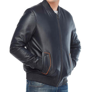 Chaqueta de piel auténtica de oveja para hombre, Cazadora bomber azul - Product Image 1