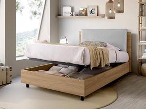 Letto Contenitore Piazza e Mezza, Hecho en Italia, Cabecero con Cojín Acolchado y Rejilla de Madera con Efecto Roble EVERGREENWEB - Product Image 4