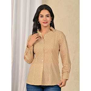 Chemise en popeline de coton crème pour femme avec motif brodé, taille unique du XL au 4XL, style formel de bureau - Product Image 1