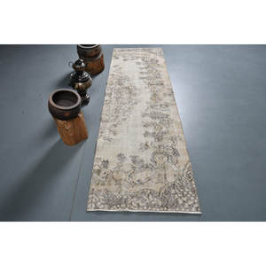 Alfombra turca vintage de 2,5x8,4 pies, lana beige hecha a mano con diseño de retazos, sala de estar forma rectangular para, estilo Tabriz - Product Image 1