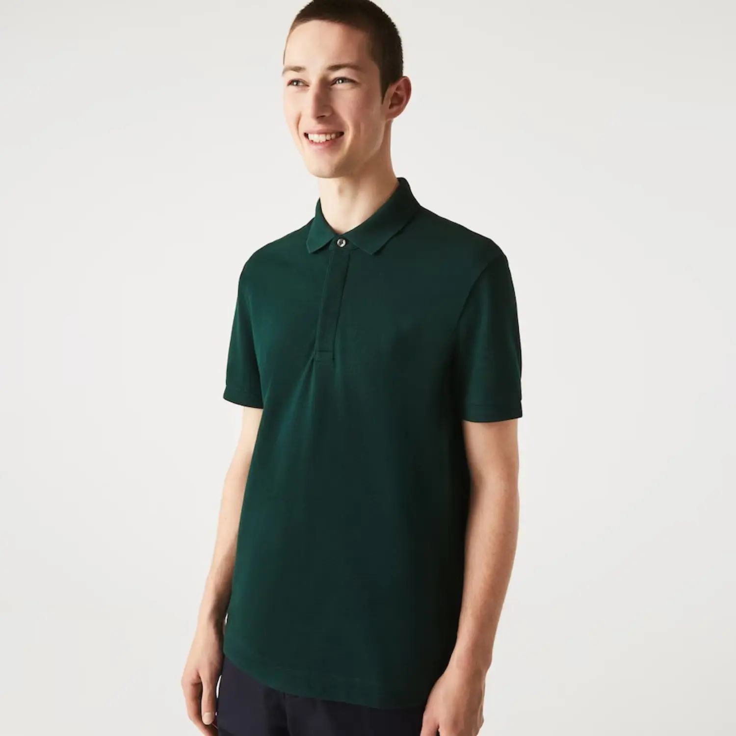 Camisa polo piquê de algodão verde escuro 100% estilo casual com logotipo bordado personalizado, costela com botão oculto, ajuste regular