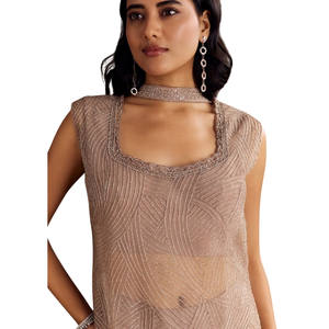 Vente en gros de crêpe marron Kurta Sharara avec filet ras du cou Dupatta pour fête, réception de mariage et commandes personnalisées - Product Image 5