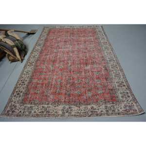 Alfombra Turca Vintage Ecológica de Pelo Medio para Áreas Grandes, Color Rojo Beige Clásico, 5.5 x 8.9 pies, Base de Látex y Lana, Diseño Patchwork Tabriz - Product Image 1