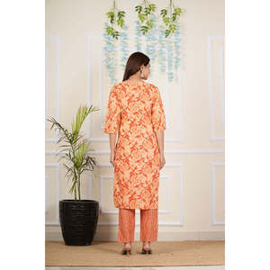 Conjunto Dupatta de pantalón Kurta de algodón para mujer, cuello en U, estampado Floral bordado, manga 3/4, hasta la rodilla, ajuste Regular, naranja - Product Image 5