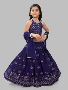 Shoryam - Lehenga Choli de Georgette Azul Marino para Niñas, con Lentejuelas y Dupatta; Ropa Étnica Infantil para Fiestas en Todas las Temporadas - Product Image 4