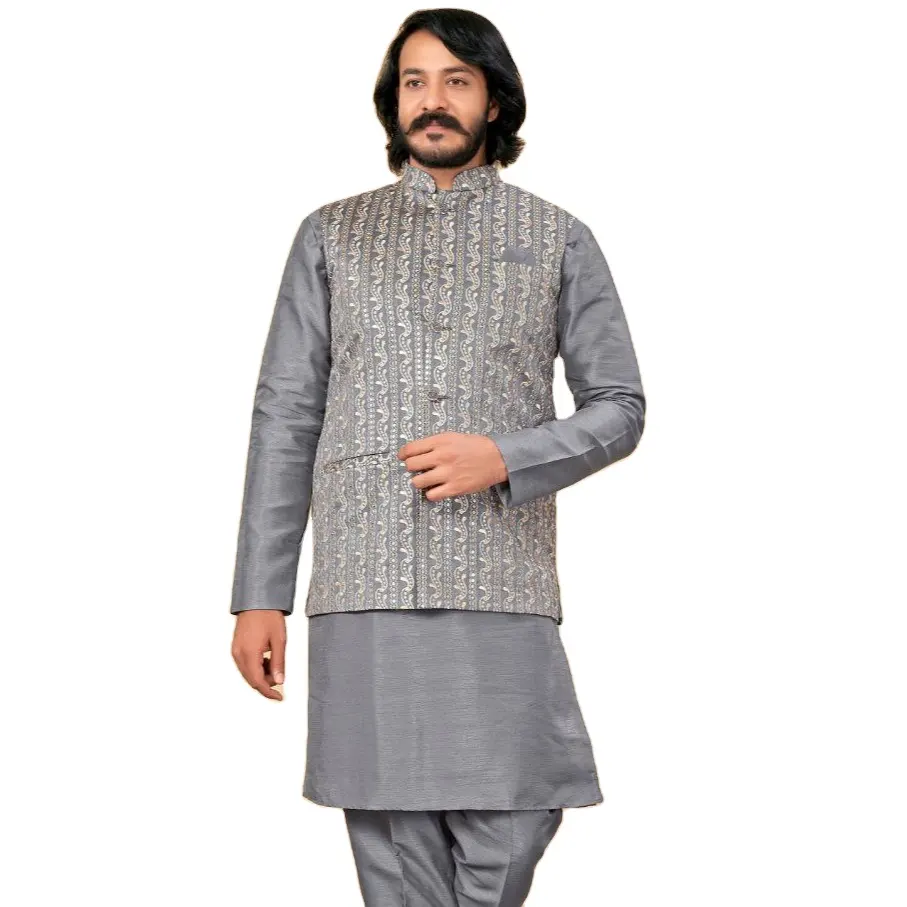 Lebaran khusus India desainer Partywear etnik tradisional sutra cermin dan Lakhnavi bordir kerja piyama Kurta untuk pria