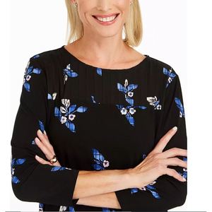 Camicetta da donna Charter Club con stampa floreale e collo a pieghe, taglia unica XX-Large, in tessuto lavorato a maglia, casual, per tutti i giorni, alla moda, con bottoni, nera - Product Image 3