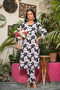 Conjunto de Kurta y Pantalón Recto con Estampado Abstracto Blanco y Negro para Mujer - Product Image 2