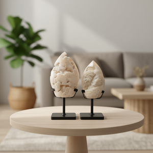 Custom-Size 12.5-15 cm Calcite Flame Sculpture with Iron <b>Stand</b> Table Decoration & Accessory with Domed Front and Flat Back - Product Image 1