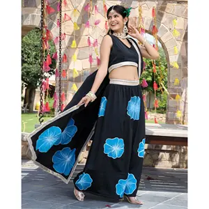 Robe de soirée en soie satinée noire peinte à la main afghane ASIN, élégante combinaison de sari et de pantalon, note 5.0 - Product Image 2