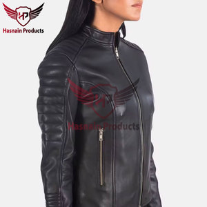 Chaqueta de cuero genuino negro para mujer, estilo motero, con mangas acanaladas, cuello alto, piel de oveja, bolsillos con cremallera, corte ajustado, prendas de abrigo personalizadas, nuevo estilo. - Product Image 6