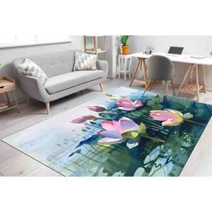 Tapis Fleur de Lotus : Tapis imprimé avec motif botanique aquarelle, tapis à poils doux - Product Image 2