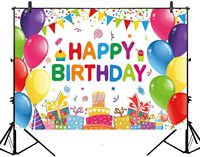 Toile de fond d'anniversaire pour enfants, colorée, avec ballons et gâteau, en polyester, lavable et réutilisable, pour photographie, 5,9 x 3,6 pieds