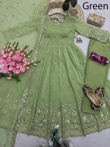 Conjunto de Vestido Anarkali de Seda para Mujer, para Bodas y Fiestas, con Diseño Pintado a Mano, para Invierno y Verano, con Pantalón y Dupatta - Product Image 3