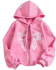 Sweat à capuche zippé pour femme avec imprimé papillon rose, sweat à capuche en polaire, style streetwear mignon, veste - Product Image 1