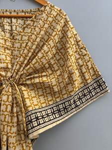 Fait à la main indien coton Bagru Caftan parole longueur taille naturelle jaune imprimé fleuri été formelle fête porter robe ethnique - Product Image 3