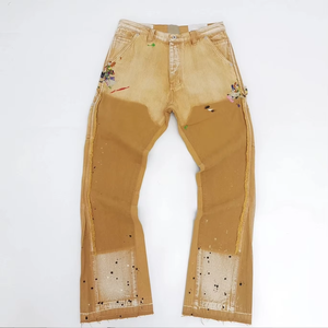 Jeans en denim streetwear décontractés pour hommes, de haute qualité, nouvelle marque, été, bouton, déchirés, éclaboussures, coupe droite, délavés à la pierre - Product Image 3