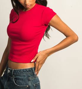 Top corto acanalado de algodón 100% para mujer, ajustado, de manga corta, estilo de cuello, Color sólido, informal, de verano, uso diario con decoración de logotipo - Product Image 4