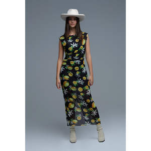 Vestido Maxi Negro de Tul con Corte en A, Fruncido Lateral, Elegante Estampado Digital Amarillo Limón, Cintura Natural, Tallas 2XL-5XL para Citas, ODM - Product Image 1