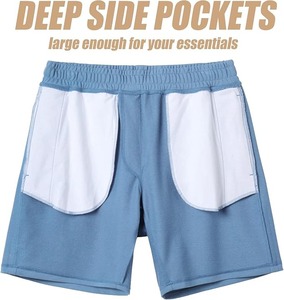 กางเกงขาสั้นผู้ชายทรงปกติสีฟ้าอ่อนผ้าฝ้าย100% กระเป๋าเอวยางยืดมีกระเป๋าด้านข้างป้องกันรอยยับระบายอากาศสำหรับออกกำลังกายในยิมฤดูร้อน - Product Image 3