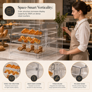 Vitrina de Acrílico Transparente de 3 Niveles Personalizada para Exhibición de Alimentos, Mostrador de Panadería con Ranura para Pinzas, para Pan, Pasteles, Donuts, Galletas, Cafetería - Product Image 4