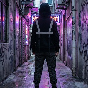 Sweat à capuche respirant en polaire d'hiver Techwear noir avec bande réfléchissante 3M, sangle à boucle tactique, col montant, streetwear cyberpunk - Product Image 6