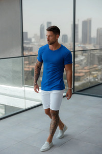 Top vente classique bleu royal côtelé tricot Super Slim Fit col rond hommes T-Shirts Logo personnalisé vêtements en vrac T-Shirt de sport pour hommes - Product Image 2