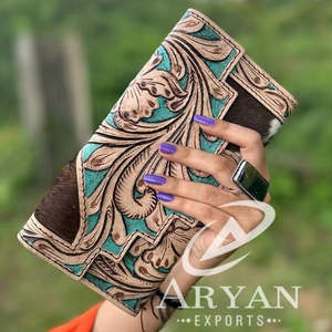 กระเป๋าสตางค์หนังวัวแท้สำหรับผู้หญิงกระเป๋าสตางค์หนังแท้สลักลายดอกไม้สีเทอร์ควอยส์ - Product Image 1