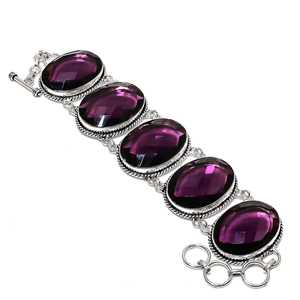 Handmade 925 Sterling <b>Silver</b> Amethyst <b>Charm</b> <b>Bracelet</b> Bezel Setting Vintage Boho Hippie Style Unisex Fine Jewelry Gift for Lovers - Product Image 3