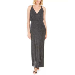 Vince Camuto Women's Black Glitter Zippered <b>Spaghetti</b> <b>Strap</b> V Neck Full Length Sheath Evening Dress-Size 8 Natural Waistline - Product Image 1