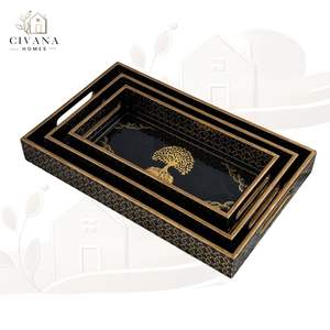 Plateau décoratif rectangulaire en bois au design moderne, motif floral, technique plaquée or, résistant à la chaleur, léger pour Noël - Product Image 4