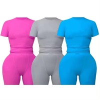 T-shirt et short côtelés Poly rose vif 2 deux pièces vêtements de salon Dupe vêtements de détente été ensemble pour femmes vêtements tenue 2024
