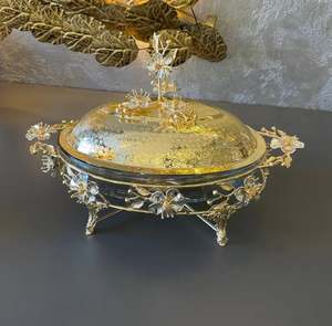 Ensemble de 2 plats chauffants en métal de luxe avec couvercle, support floral fait à la main en argent et or, buffet de mariage, chauffe-plats, traiteur, hôtel, utilisation en fête - Product Image 3