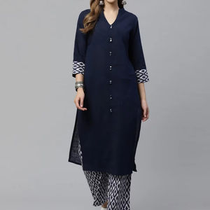 Conjunto de Kurta Recta de Algodón para Mujer, Corte Regular, Largo hasta el Tobillo, Secado Rápido, con Palazzo, Estilo Formal para Verano, en Tejido Slub y Cambric - Product Image 1